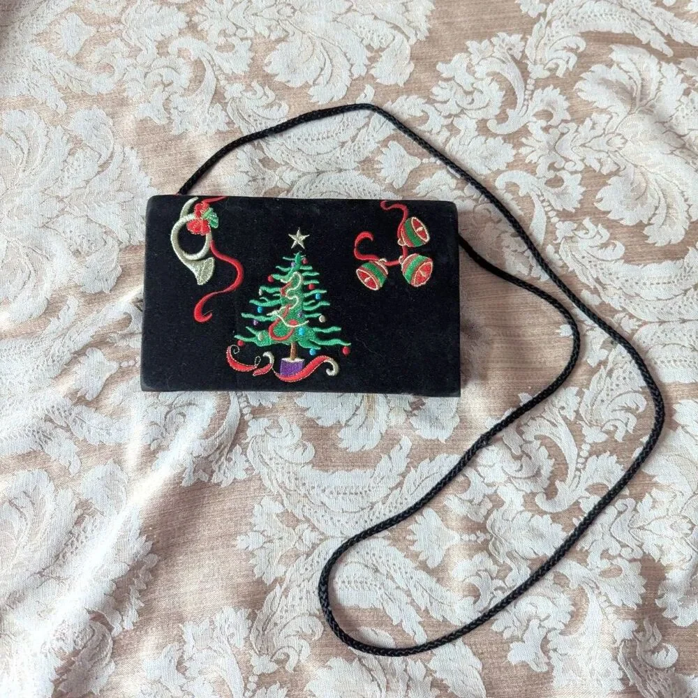 Vintage Black Velvet Purse Embroidered Tree Bells Horn Evening Holiday Bag